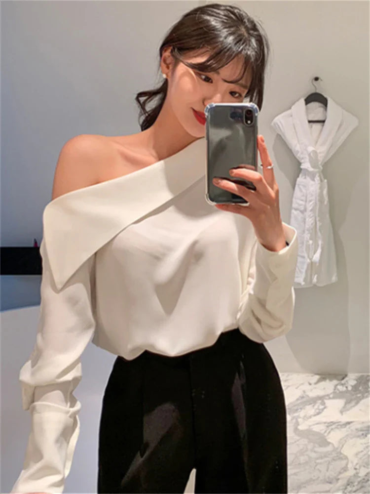 Elegant Office Korean Style Lady One Shoulder Sexy Wild Women Spring Summer Cold Blouses Shirts Tops-Dollar Bargains Online Shopping Australia