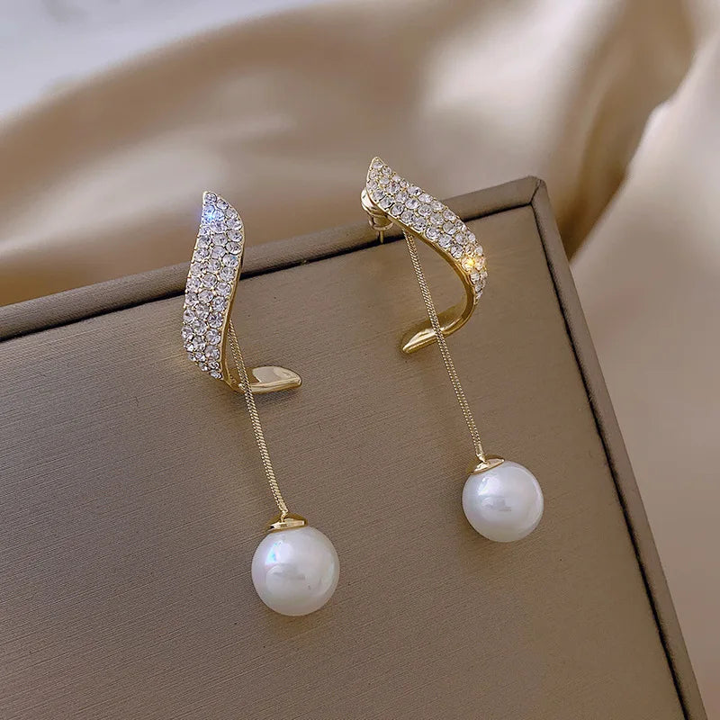 Classic Elegant Imitation Pearl Dangle Earrings For Women Crystal Long Tassel Exquisite Drop Earring Wedding Jewelry-Dollar Bargains Online Shopping Australia