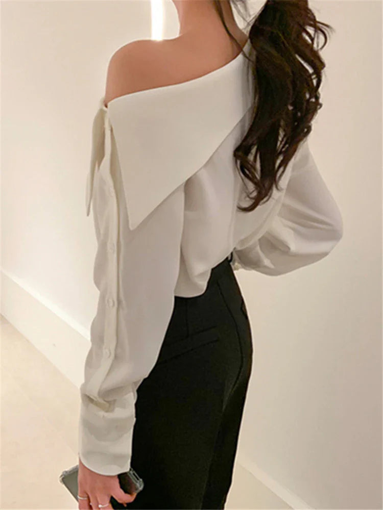 Elegant Office Korean Style Lady One Shoulder Sexy Wild Women Spring Summer Cold Blouses Shirts Tops-Dollar Bargains Online Shopping Australia