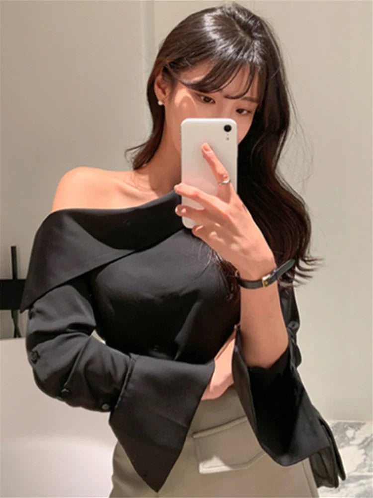 Elegant Office Korean Style Lady One Shoulder Sexy Wild Women Spring Summer Cold Blouses Shirts Tops-Dollar Bargains Online Shopping Australia