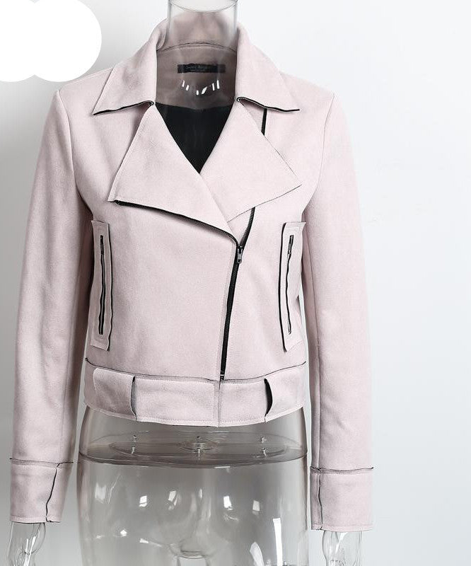 Simplee Apparel Zipper basic suede jacket coat motorcycle leather jacket Women outwear Pink belted short winter jackets-Dollar Bargains Online Shopping Australia