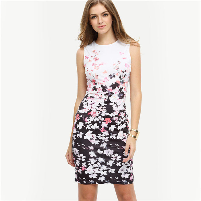 Summer Style Bodycon Dresses Vintage Ladies Sexy Fitness Floral Print Sleeveless Crew Neck Dress-Dollar Bargains Online Shopping Australia