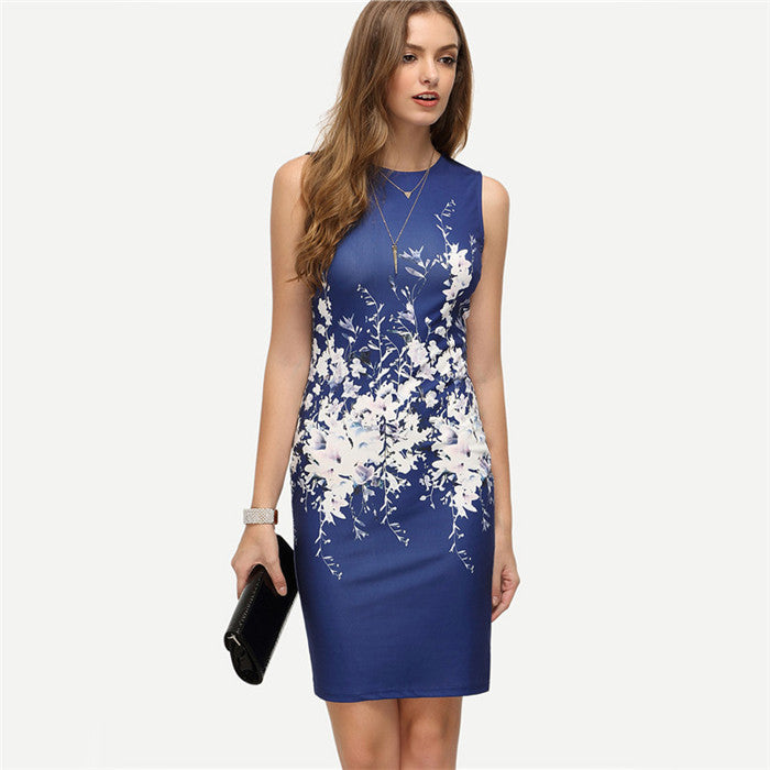 Summer Style Bodycon Dresses Vintage Ladies Sexy Fitness Floral Print Sleeveless Crew Neck Dress-Dollar Bargains Online Shopping Australia