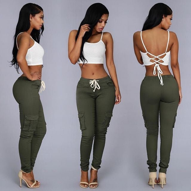 LIENZY Summer Casual Multi Pocket Pants High Waist Solid Lacing White Red Army Khaki Shiny Pencil Pants Capris Women Trousers-Dollar Bargains Online Shopping Australia