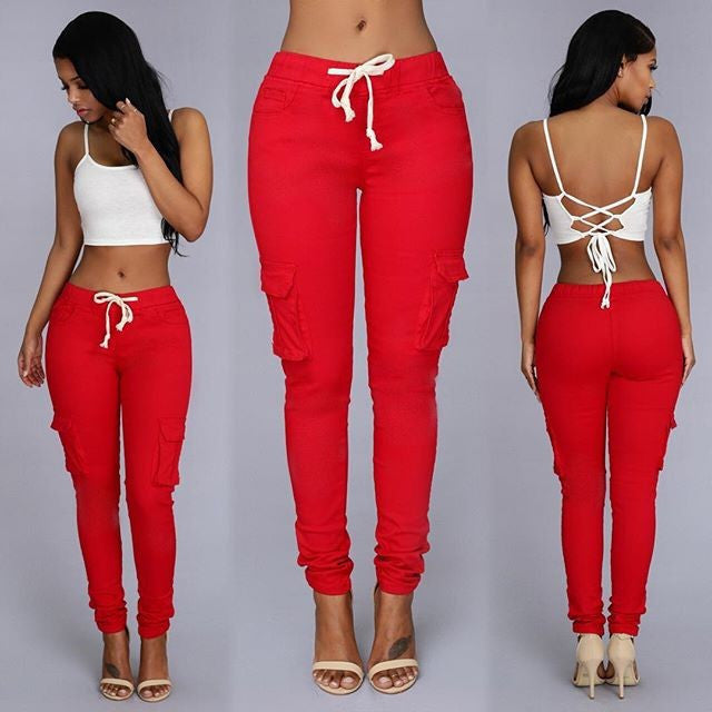 LIENZY Summer Casual Multi Pocket Pants High Waist Solid Lacing White Red Army Khaki Shiny Pencil Pants Capris Women Trousers-Dollar Bargains Online Shopping Australia