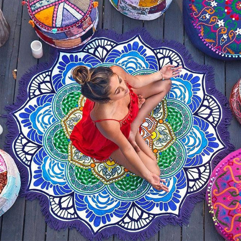 Indian Blue Round Mandala Yoga Mat Wall Hanging Boho Beach Throw Tapestry  Decor