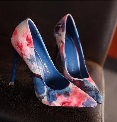 Women summer spring satin thin high heels printing flowers classic high pointed toe women pumps women shoes-Dollar Bargains Online Shopping Australia