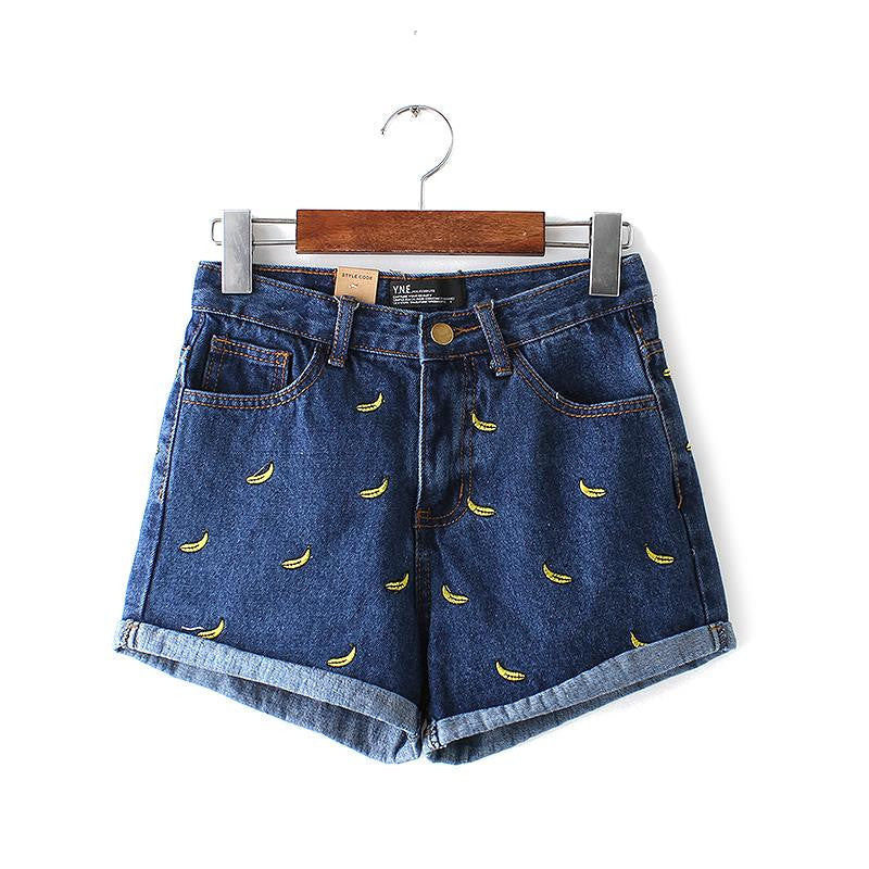 fashion women Korean summer banana flower embroidery cotton curling plus size casual female waist denim shorts-Dollar Bargains Online Shopping Australia