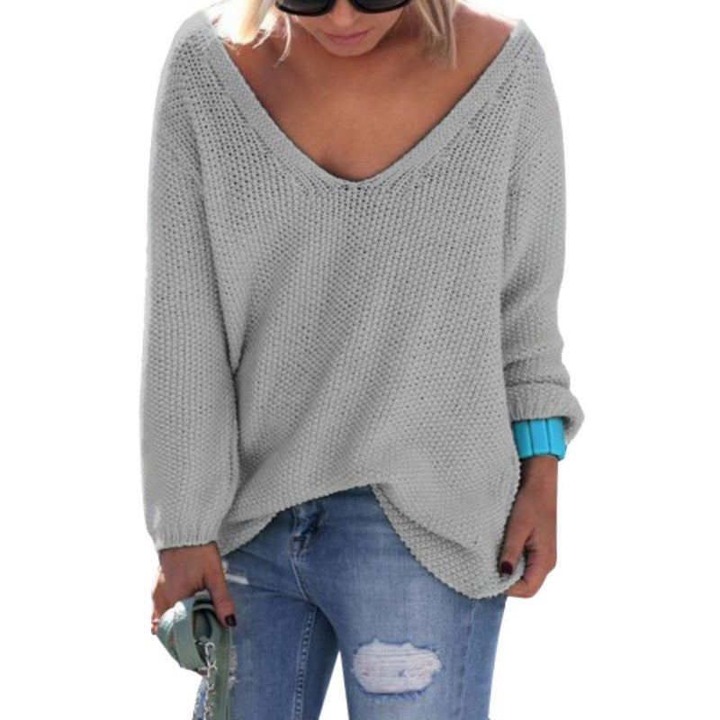 Womens Cute Elegant V Neck Loose Casual Knit Sweater Pullover Long Sleeve Spring Sweater Tops-Dollar Bargains Online Shopping Australia