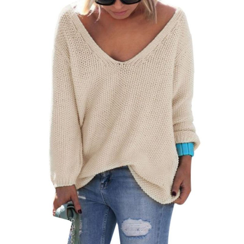 Womens Cute Elegant V Neck Loose Casual Knit Sweater Pullover Long Sleeve Spring Sweater Tops-Dollar Bargains Online Shopping Australia