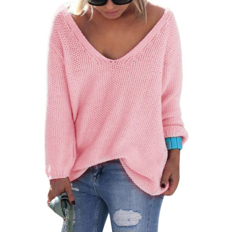 Womens Cute Elegant V Neck Loose Casual Knit Sweater Pullover Long Sleeve Spring Sweater Tops-Dollar Bargains Online Shopping Australia