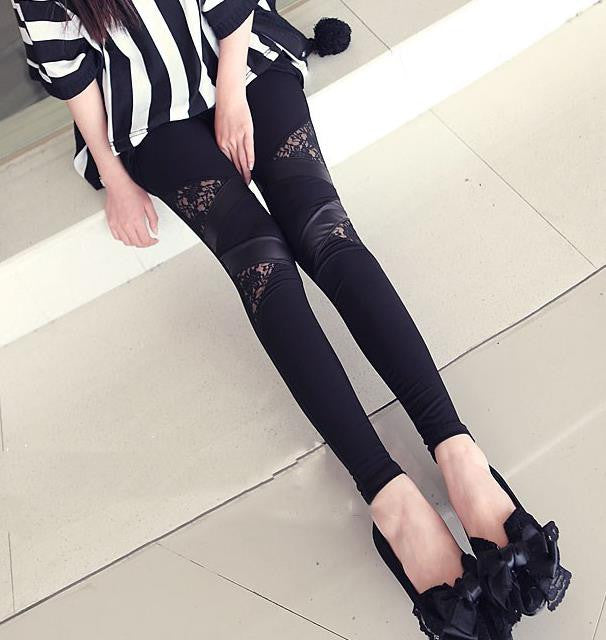 Charming Warm Lace Leggings Skinny Stretch Pants for Autumn Winter Triangular Lace PU Leather Leggings BZ851965-Dollar Bargains Online Shopping Australia