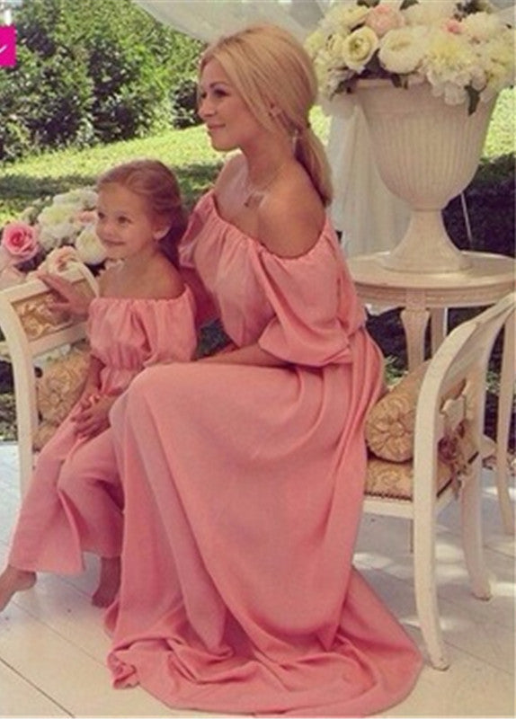 Summer Mother Daughter Dresses Bohemian Beach Family Matching Clothes Off Shoulder Chiffon Long Dress Family Fitted-Dollar Bargains Online Shopping Australia