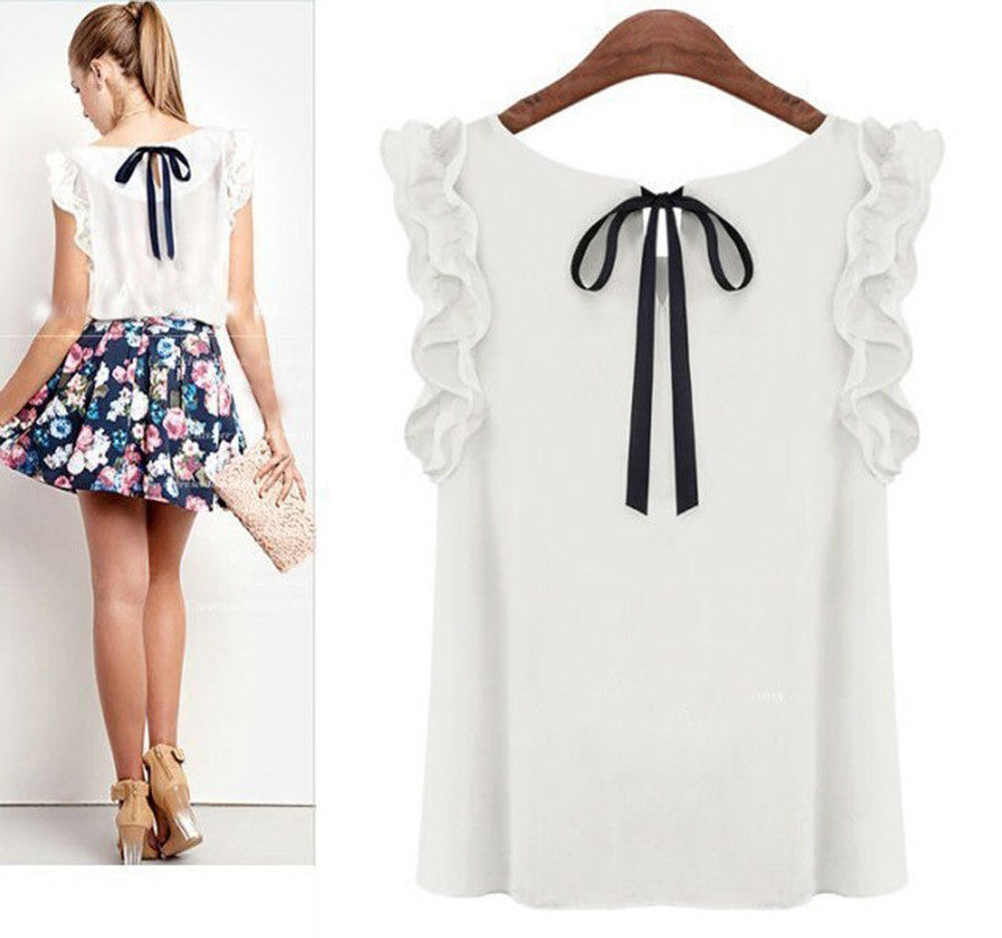 Womens Blouses Chiffon Shirts O-neck Lotus Leaf Pullover Lacing Bow Size S-XL-Dollar Bargains Online Shopping Australia