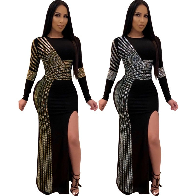 African Maxi Dresses Black African Long Dress Sequins O-Neck Long Sleeves Daily Dress Evening Dress Party Dress-Dollar Bargains Online Shopping Australia