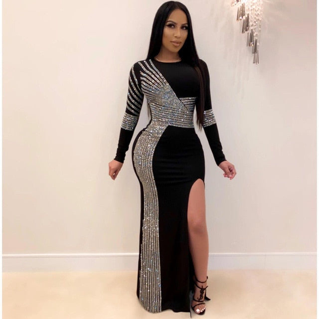 African Maxi Dresses Black African Long Dress Sequins O-Neck Long Sleeves Daily Dress Evening Dress Party Dress-Dollar Bargains Online Shopping Australia