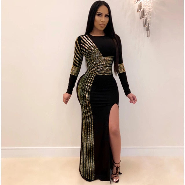 African Maxi Dresses Black African Long Dress Sequins O-Neck Long Sleeves Daily Dress Evening Dress Party Dress-Dollar Bargains Online Shopping Australia