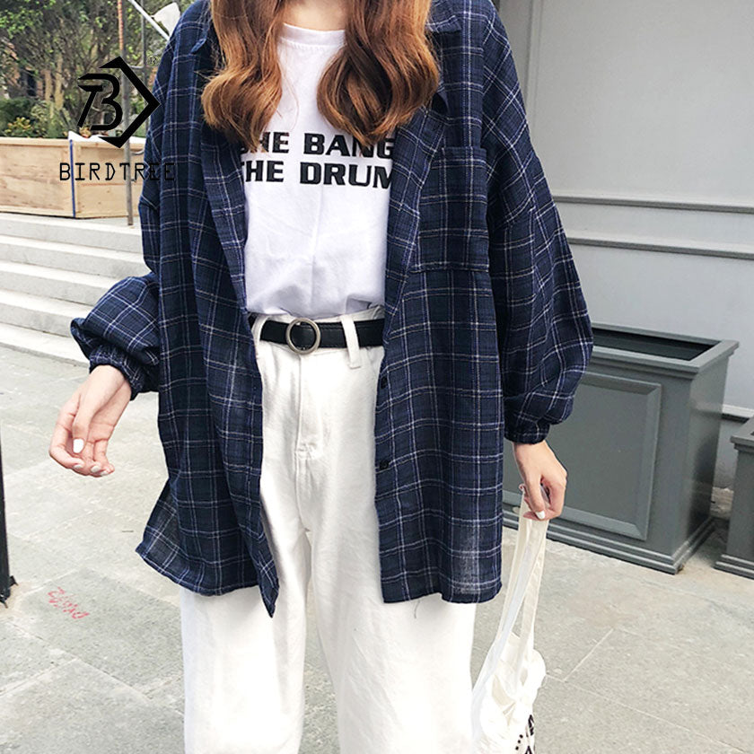 Woman Vent Vintage Plaid Shirt Single Breasted Turn down Collar Cotton Long Sleeve Button Feminina Sales T8D512Z-Dollar Bargains Online Shopping Australia