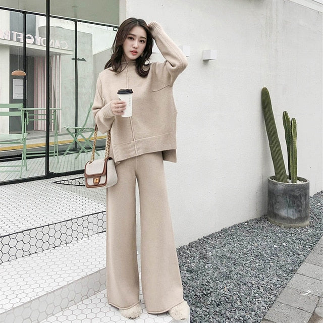 Winter Tracksuit 2 Piece Pant Suits For Women Knitted Long Sleeve Two Piece Set Top And Pants Women Suit Outwear Korean-Dollar Bargains Online Shopping Australia