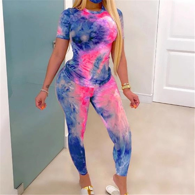 Tie-Dye Two Piece Set Women Summer Clothes Casual Sportswear 2 Piece Outfit for Women Sweat Suit Short Sleeve Top and Shorts Set-Dollar Bargains Online Shopping Australia