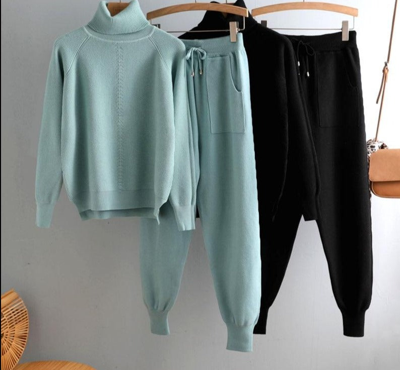 casual 2 Pieces sweater Set Women Knitted Turtleneck Sweater + loose Trousers CHIC Pullover Sweater+ Knitted Carrot pants Set-Dollar Bargains Online Shopping Australia