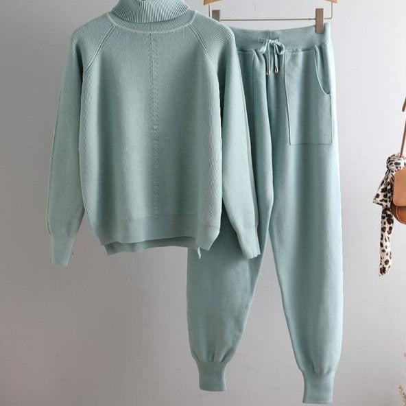 casual 2 Pieces sweater Set Women Knitted Turtleneck Sweater + loose Trousers CHIC Pullover Sweater+ Knitted Carrot pants Set-Dollar Bargains Online Shopping Australia