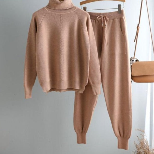 casual 2 Pieces sweater Set Women Knitted Turtleneck Sweater + loose Trousers CHIC Pullover Sweater+ Knitted Carrot pants Set-Dollar Bargains Online Shopping Australia