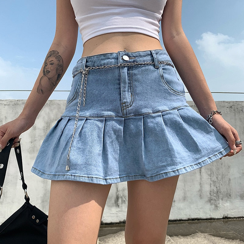 Denim Pleated Skirts Mini Solid Casual Woman Fashion Korean Style High Waist Skirt with Lined Hot Club Party Girls-Dollar Bargains Online Shopping Australia