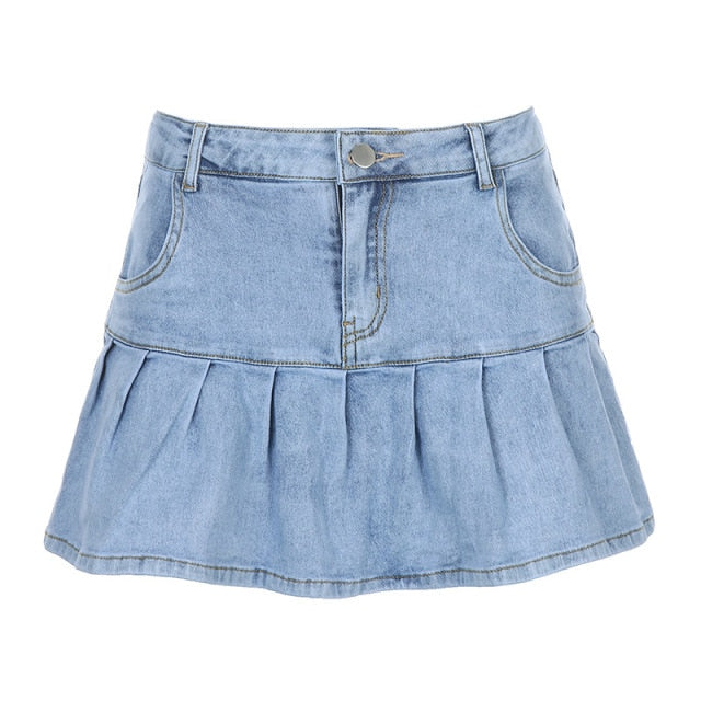 Denim Pleated Skirts Mini Solid Casual Woman Fashion Korean Style High Waist Skirt with Lined Hot Club Party Girls-Dollar Bargains Online Shopping Australia