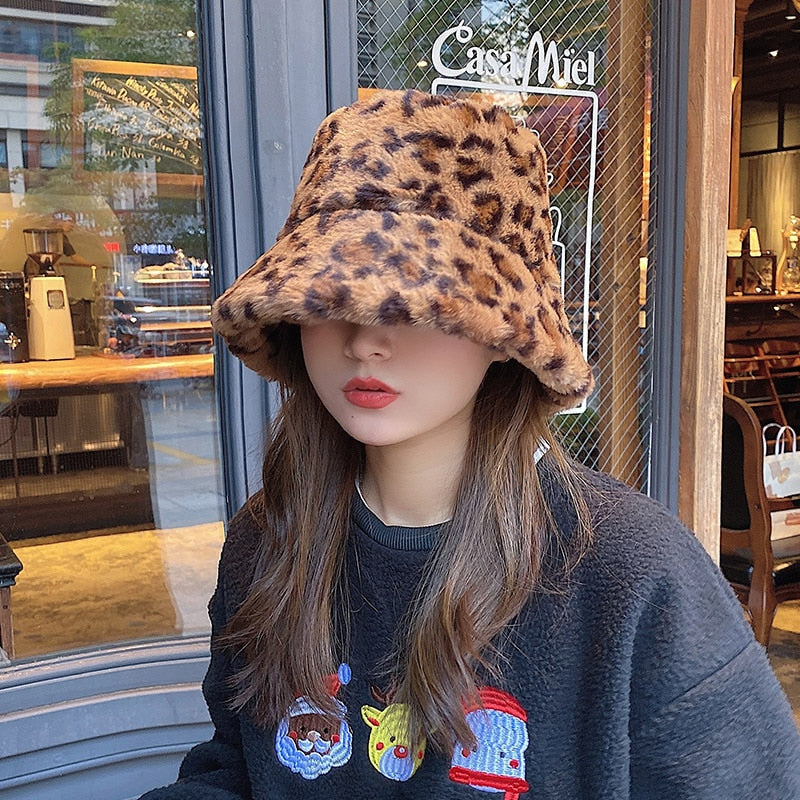 Panama Hat for Women Faux Fur Bucket Hats Cow Print Plush Velvet Warm Panama Hat Fisherman Hats Vacation Cap-Dollar Bargains Online Shopping Australia