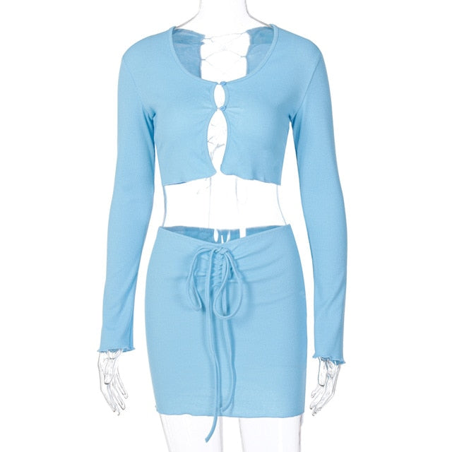 ribbed lace up hollow out women 2 piece set crop top cardigan mini skirt bodycon sexy streetwear club matching outfit-Dollar Bargains Online Shopping Australia