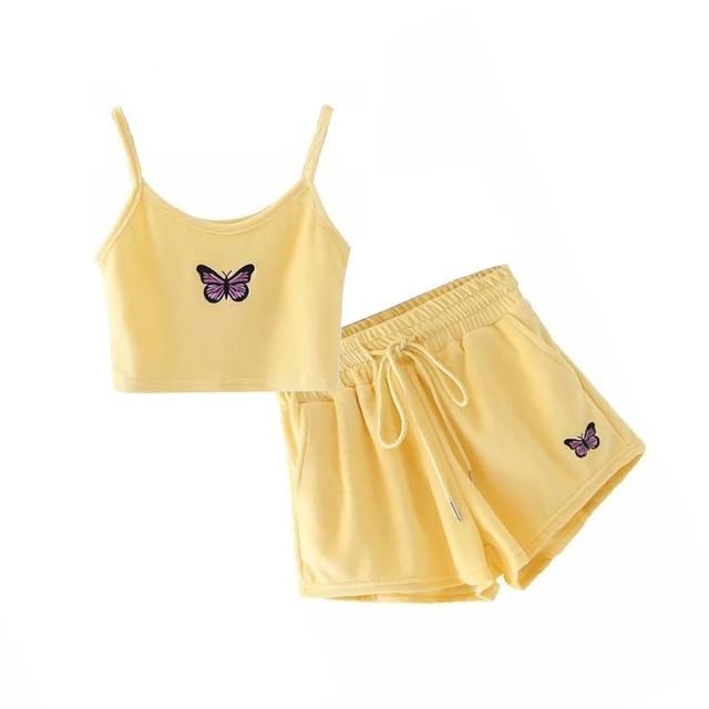 Yellow Velvet Crop Top and Shorts Women 2 Pieces Set Summer Embroidery Cami Drawstring Shorts Female Loungewear Suit-Dollar Bargains Online Shopping Australia