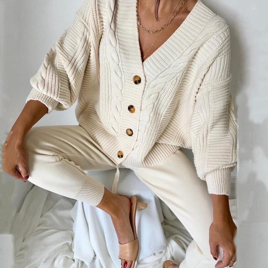 TYHRU Women Knitting 2-pieces sweater Suit Hemp Flower V-neck Single-Breasted cardigan + Pants lady winter sweater Set-Dollar Bargains Online Shopping Australia