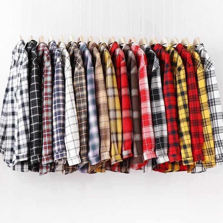 Women Plaid Shirt Chic Checked Blouse Long Sleeve Female Casual Print Shirts Loose Cotton Tops-Dollar Bargains Online Shopping Australia