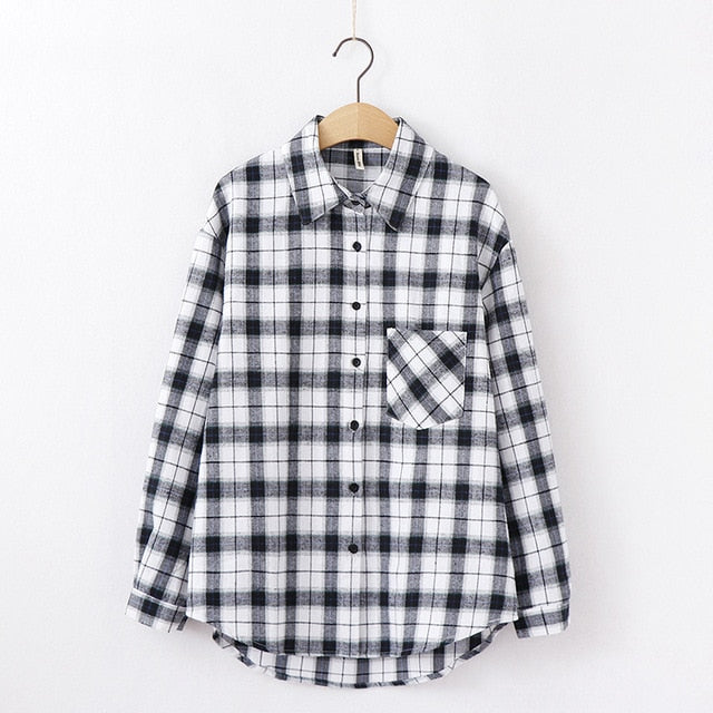 Women Plaid Shirt Chic Checked Blouse Long Sleeve Female Casual Print Shirts Loose Cotton Tops-Dollar Bargains Online Shopping Australia