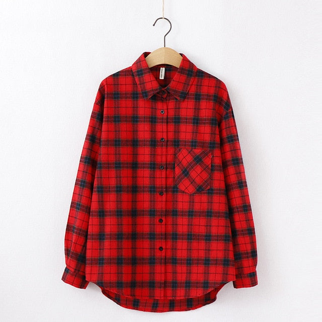 Women Plaid Shirt Chic Checked Blouse Long Sleeve Female Casual Print Shirts Loose Cotton Tops-Dollar Bargains Online Shopping Australia