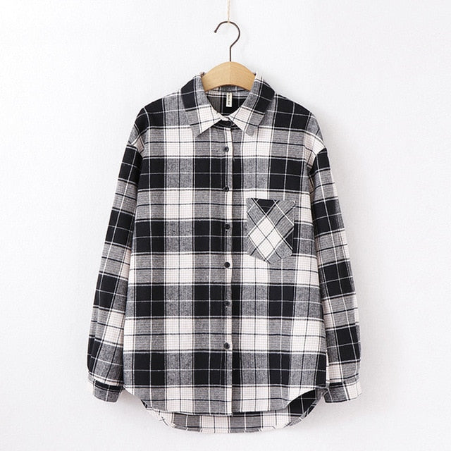 Women Plaid Shirt Chic Checked Blouse Long Sleeve Female Casual Print Shirts Loose Cotton Tops-Dollar Bargains Online Shopping Australia