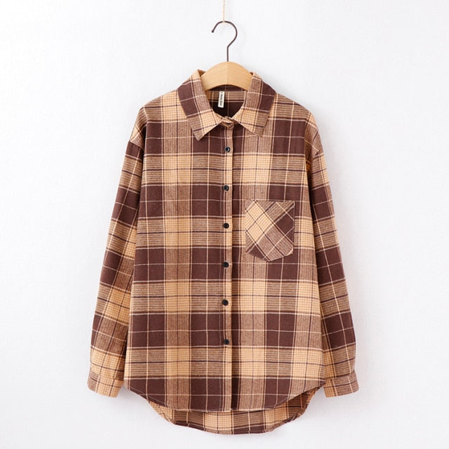 Women Plaid Shirt Chic Checked Blouse Long Sleeve Female Casual Print Shirts Loose Cotton Tops-Dollar Bargains Online Shopping Australia