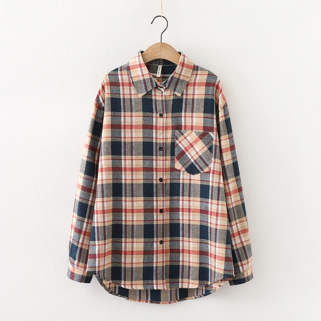 Women Plaid Shirt Chic Checked Blouse Long Sleeve Female Casual Print Shirts Loose Cotton Tops-Dollar Bargains Online Shopping Australia