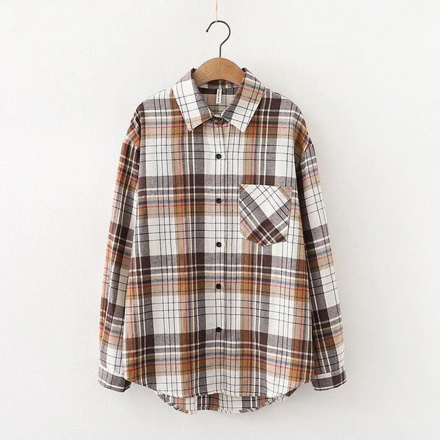 Women Plaid Shirt Chic Checked Blouse Long Sleeve Female Casual Print Shirts Loose Cotton Tops-Dollar Bargains Online Shopping Australia