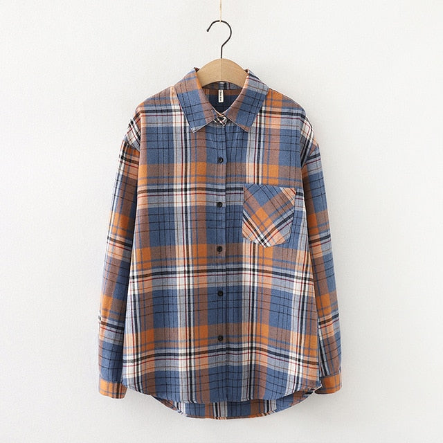 Women Plaid Shirt Chic Checked Blouse Long Sleeve Female Casual Print Shirts Loose Cotton Tops-Dollar Bargains Online Shopping Australia