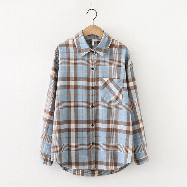 Women Plaid Shirt Chic Checked Blouse Long Sleeve Female Casual Print Shirts Loose Cotton Tops-Dollar Bargains Online Shopping Australia