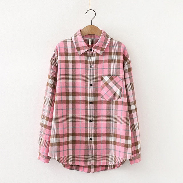 Women Plaid Shirt Chic Checked Blouse Long Sleeve Female Casual Print Shirts Loose Cotton Tops-Dollar Bargains Online Shopping Australia