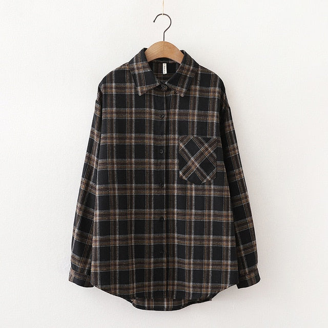 Women Plaid Shirt Chic Checked Blouse Long Sleeve Female Casual Print Shirts Loose Cotton Tops-Dollar Bargains Online Shopping Australia