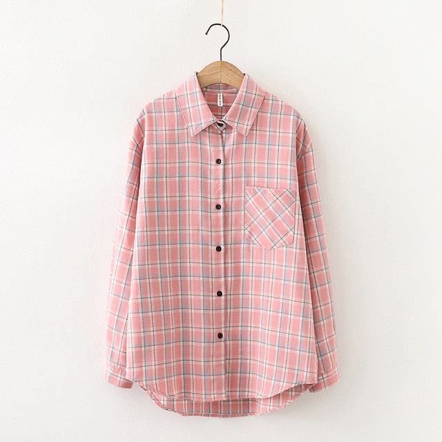 Women Plaid Shirt Chic Checked Blouse Long Sleeve Female Casual Print Shirts Loose Cotton Tops-Dollar Bargains Online Shopping Australia