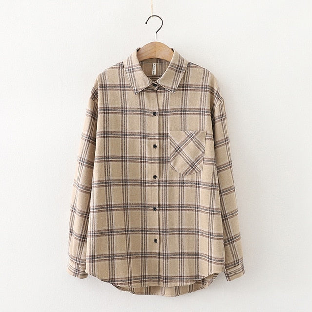 Women Plaid Shirt Chic Checked Blouse Long Sleeve Female Casual Print Shirts Loose Cotton Tops-Dollar Bargains Online Shopping Australia