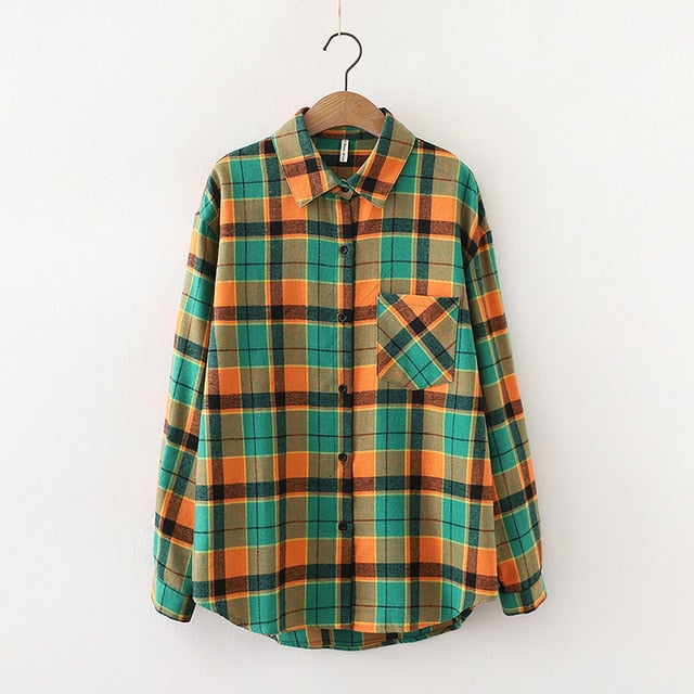 Women Plaid Shirt Chic Checked Blouse Long Sleeve Female Casual Print Shirts Loose Cotton Tops-Dollar Bargains Online Shopping Australia