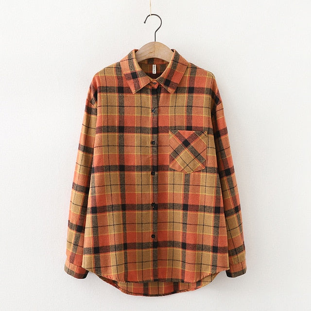 Women Plaid Shirt Chic Checked Blouse Long Sleeve Female Casual Print Shirts Loose Cotton Tops-Dollar Bargains Online Shopping Australia