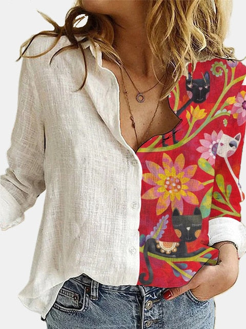 Turn Down Collar Long Sleeve Blouse Women Shirts Elegant Print Autumn Casual Office Button Shirt Tops-Dollar Bargains Online Shopping Australia