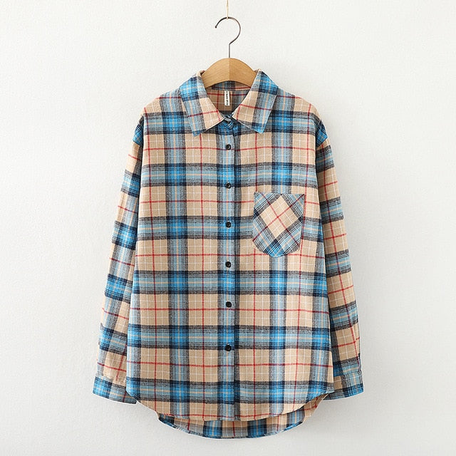 Women Plaid Shirt Chic Checked Blouse Long Sleeve Female Casual Print Shirts Loose Cotton Tops-Dollar Bargains Online Shopping Australia